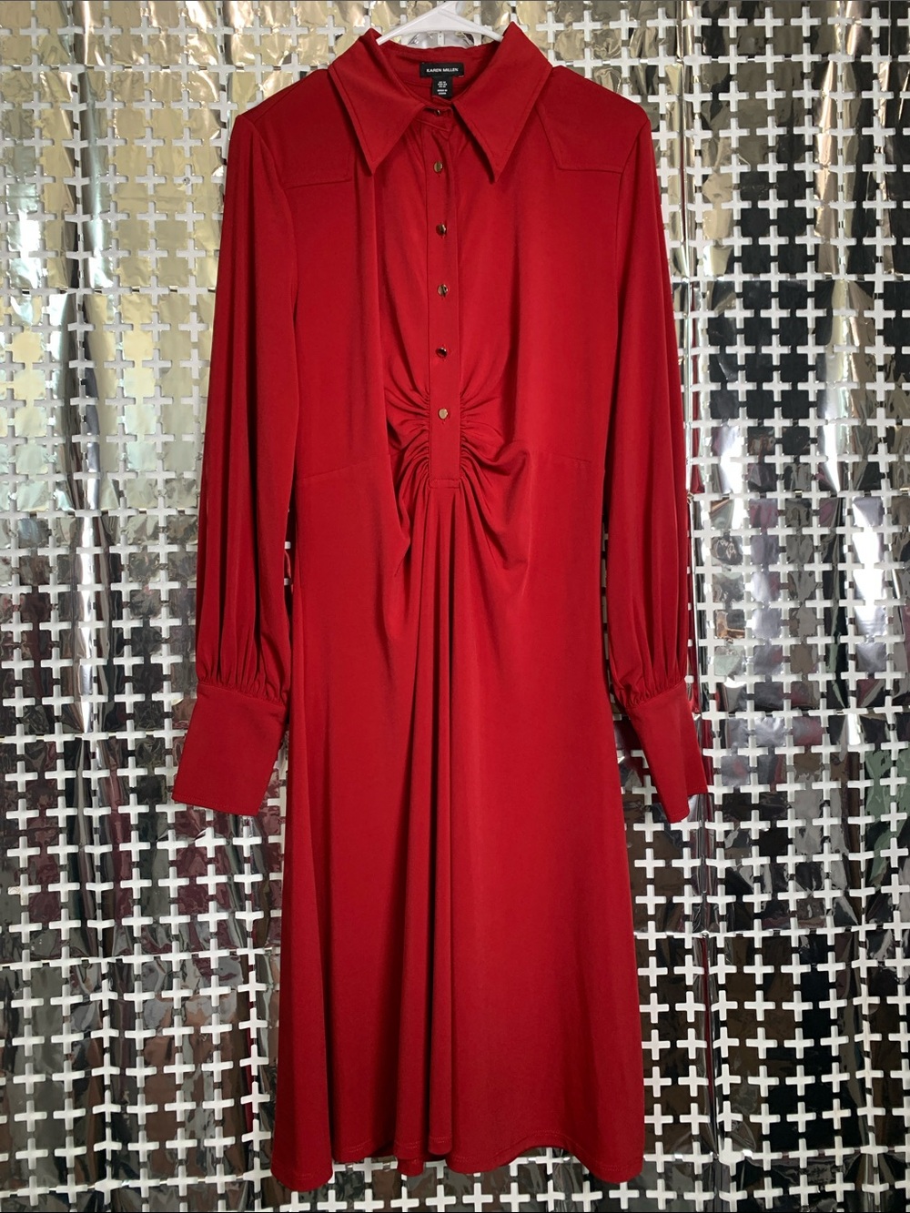 Karen Millen Crimson Red Long-Sleeve Gathered Front Midi Dress
